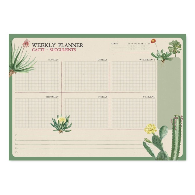 A4 Weekly Planner Notepad Botanical Cacti